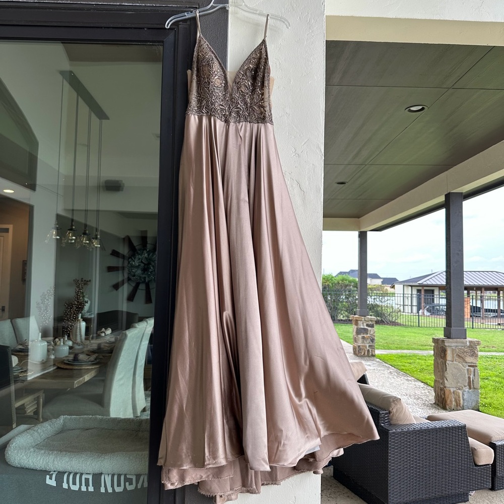 Faviana Mocha Silk/Beaded Long Dress